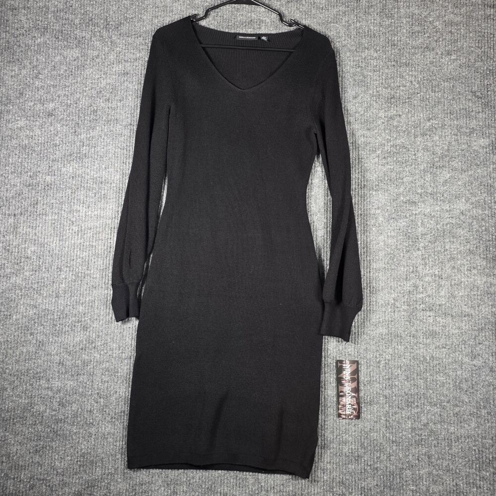 Nina Leonard NWT Black Rib Knit Sweater Dress Balloon Sleeve Size S